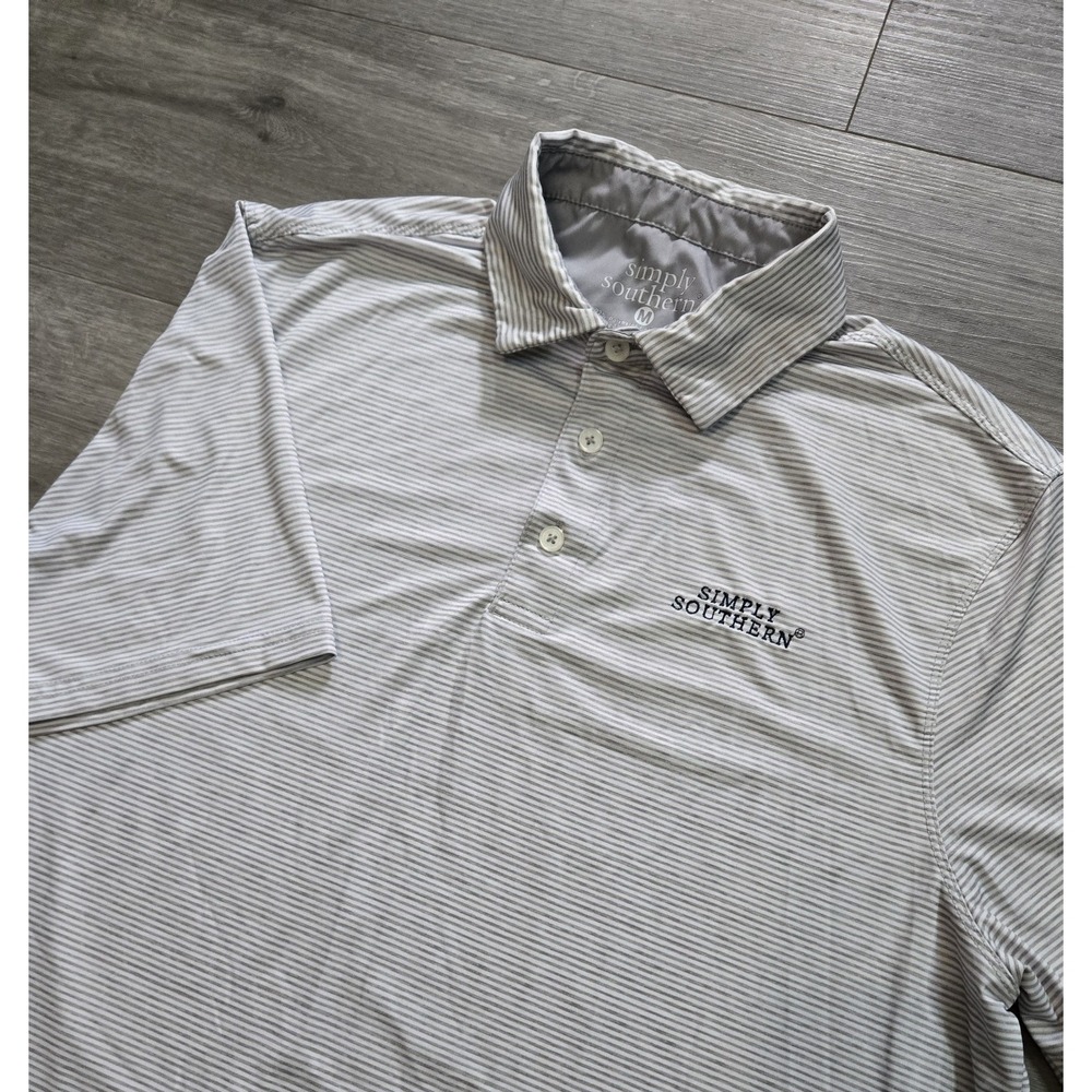Simply Southern Polo Shirt Men's Medium Gray Striped Performance Stretch Golf